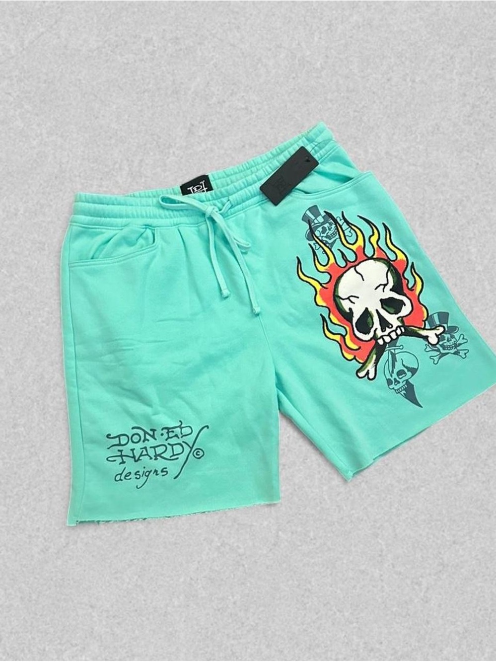 Ed Hardy Mint Teal Skull Flame Graphic Men’s Shorts